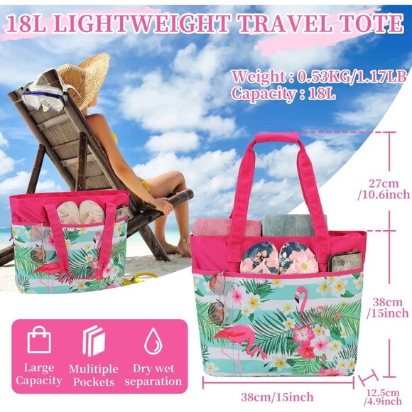 Women's Hot Pink Flamingo Large Lightweight Zipper Travel Totes Separation Bags - Picture 3 of 7